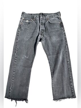 Levi's 501 Button Fly Jeans Black Washed With Embroidered Daisies & Raw Hem